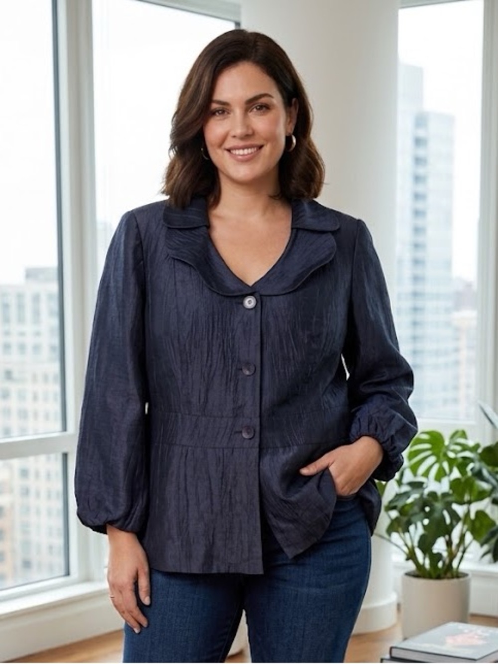 Louben Blue Linen Crinkle Texture Blazer size 18